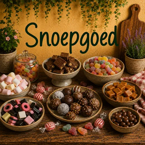 Verschillende soorten zelfgemaakt snoepgoed zoals chocoladebonbons, fudge, karamel, marshmallows, fruitgom en andere zoete lekkernijen op een rustieke houten tafel