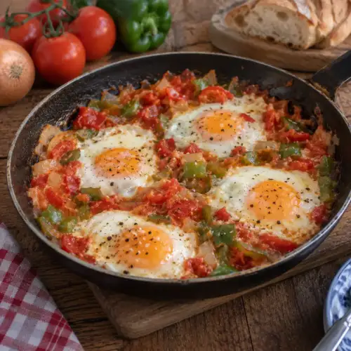 Spaans gebakken ei met groene paprika, tomaat en ui uit de koekenpan