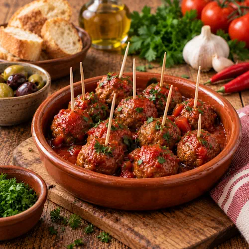 Spaanse albondigas, kleine gehaktballetjes in een kruidige tomatensaus met peterselie, geserveerd als warm of koud hapje.