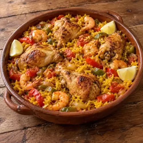 Spaanse kip met saffraanrijst, paprika, tomaat, doperwten, citroen en gamba