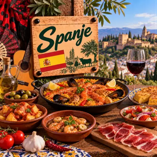 Spaanse recepten met paella, tortilla española, patatas bravas, gambas, jamón, olijven en traditionele tapas op een rustieke houten tafel