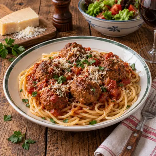 Spaghetti met rundergehaktballetjes in kruidige tomatensaus met Parmezaanse kaas