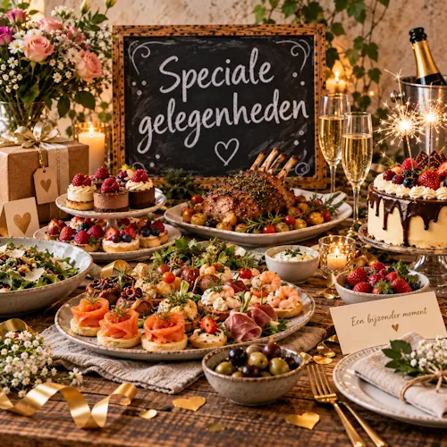 Feestelijke tafel voor speciale gelegenheden met luxe hapjes, vlees, zalm, garnalen, salades, kleine gebakjes, feesttaart, bloemen en feestelijke decoraties