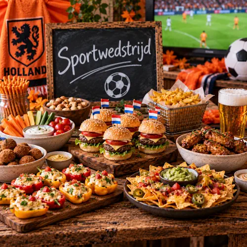Tafel voor een sportwedstrijd met mini hamburgers, kippenvleugels, nacho's, friet, groentehapjes, snacks en dips in een feestelijke oranje sportsfeer