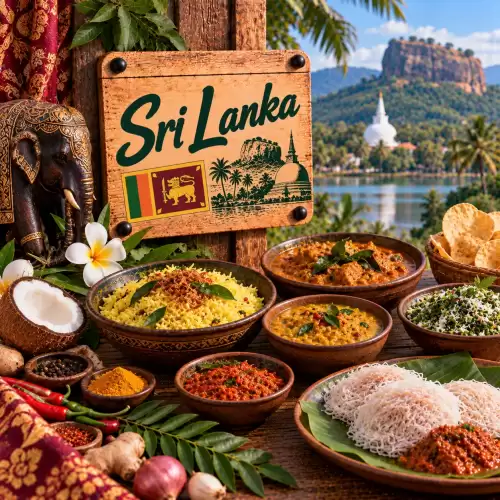 Sri Lankaanse recepten met rijst, curry, kokos, sambal, string hoppers, groenten, chili en traditionele gerechten op een rustieke houten tafel