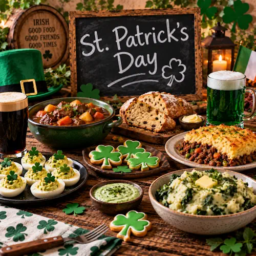Feestelijke St. Patrick's Day tafel met Ierse stoofpot, sodabrood, shepherd's pie, aardappelgerechten, groene hapjes en klaverkoekjes op een rustieke houten tafel