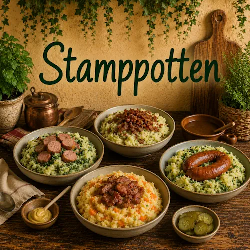 Verschillende Nederlandse stamppotten met aardappelen, boerenkool, wortel, groenten, spek en rookworst op een rustieke houten tafel