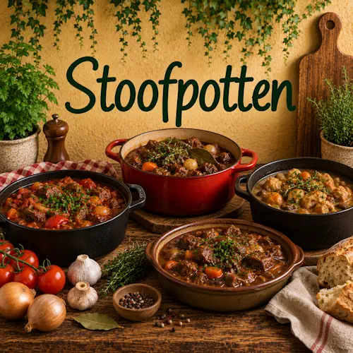 Verschillende stoofpotten met rundvlees, kip, groenten, aardappelen, ui, wortel, tomaat en verse kruiden op een rustieke houten tafel