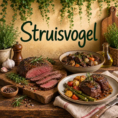 Verschillende gerechten met struisvogelvlees zoals struisvogelsteak, gebraden vlees en stoofvlees met groenten, kruiden en saus op een rustieke houten tafel