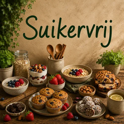 Suikervrije gerechten met havermout, yoghurt, bessen, muffins, energieballetjes, fruit en noten op een rustieke houten tafel