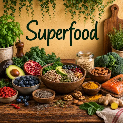 Verschillende ingrediënten voor superfood recepten zoals avocado, blauwe bessen, granaatappel, quinoa, noten, zaden, broccoli, bladgroenten en zalm op een rustieke houten tafel