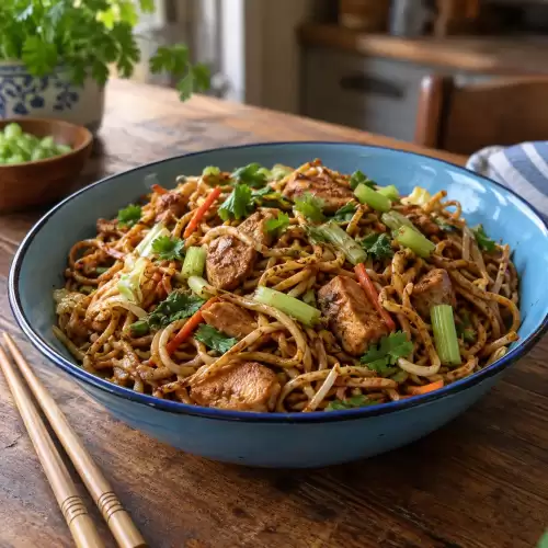 Surinaams-Javaanse bami met kipfilet, mie, groenten en selderij uit de wok