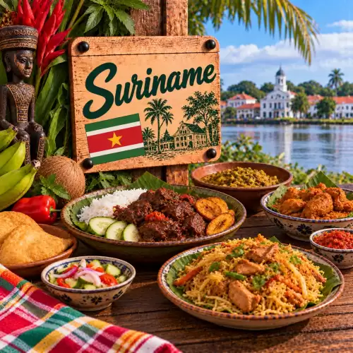 Surinaamse recepten met rijst, kip, bami, kousenband, bakbanaan, sambal en traditionele gerechten op een rustieke houten tafel