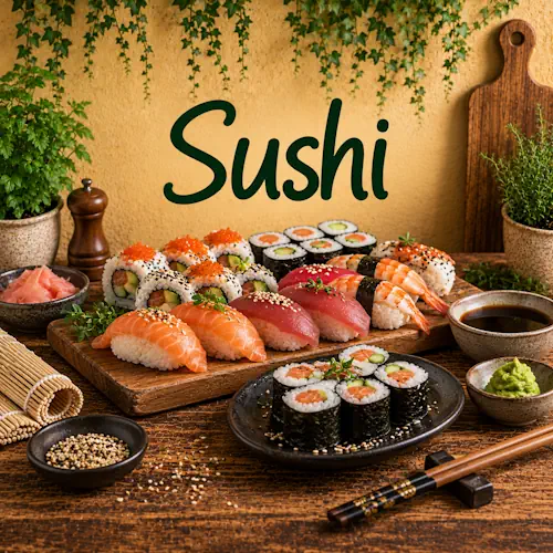 Verschillende soorten sushi zoals nigiri en maki met zalm, tonijn, garnalen, avocado en komkommer met sojasaus, wasabi en gember op een rustieke houten tafel