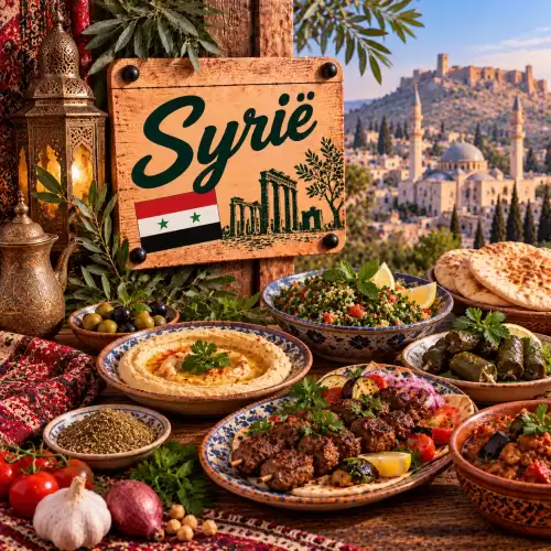 Syrische recepten met hummus, tabouleh, kebab, gevulde wijnbladeren, platbrood, olijven en traditionele gerechten op een rustieke houten tafel