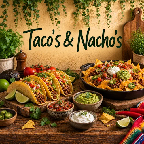 Taco’s en nacho’s met gekruid gehakt, kaas, tomaat, avocado, guacamole, salsa, jalapeño, limoen en verse kruiden op een rustieke houten tafel