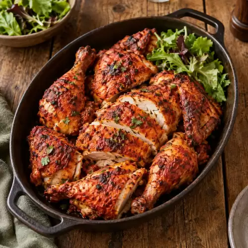 Tandoori kip uit de oven met een kruidige marinade en goudbruin geroosterde buitenkant