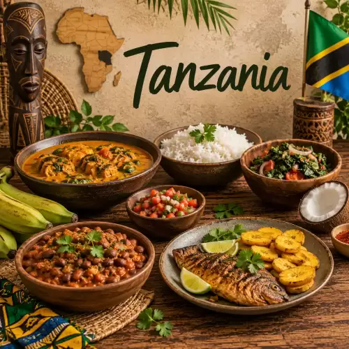 Tanzaniaanse recepten met rijst, gegrilde vis, bonen, groenten, kokos, bakbananen en kruidige gerechten op een rustieke houten tafel