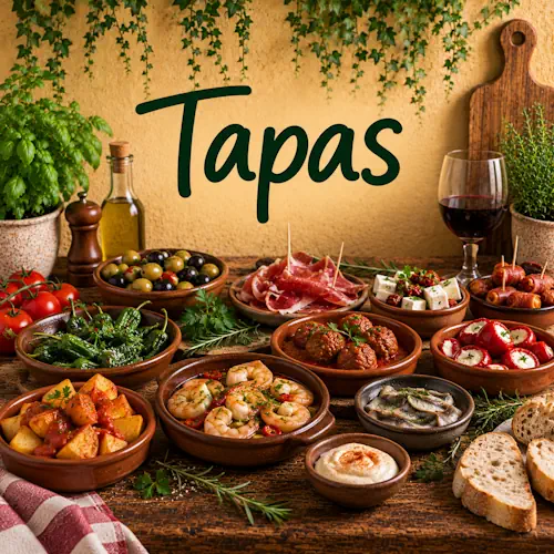 Verschillende Spaanse tapas met olijven, serranoham, garnalen, gehaktballetjes, aardappelen, pepers, kaas, ansjovis en aioli op een rustieke houten tafel