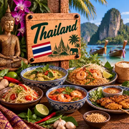 Thaise recepten met pad thai, groene curry, tom yum, som tam, saté, garnalen, rijst, limoen en chili op een rustieke houten tafel