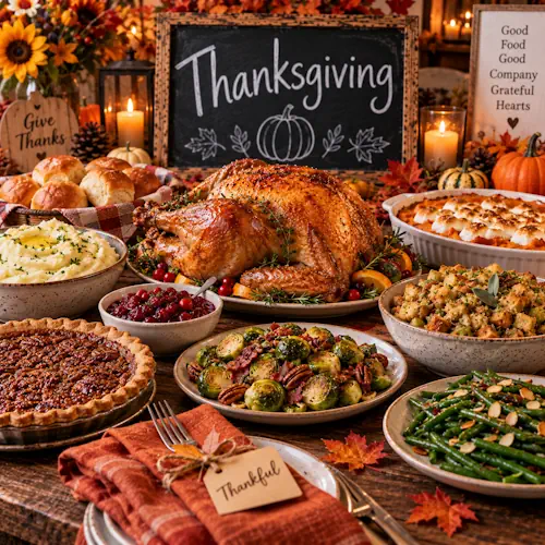 Feestelijke Thanksgiving tafel met geroosterde kalkoen, aardappelpuree, stuffing, cranberrysaus, sperziebonen, spruitjes, zoete aardappel, broodjes en pecantaart