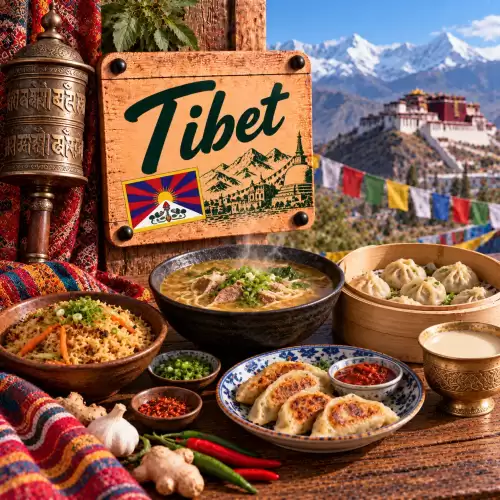 Tibetaanse recepten met momo's, thukpa, noedels, rijst, groenten, chili, gember en traditionele gerechten op een rustieke houten tafel