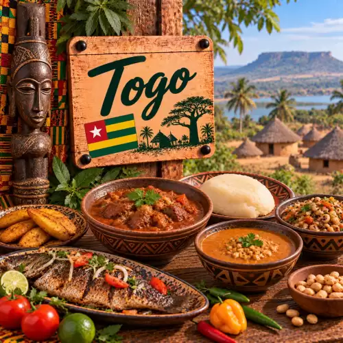 Togolese recepten met gegrilde vis, rijst, bonen, pindasaus, bakbanaan, groenten, chili en traditionele gerechten op een rustieke houten tafel