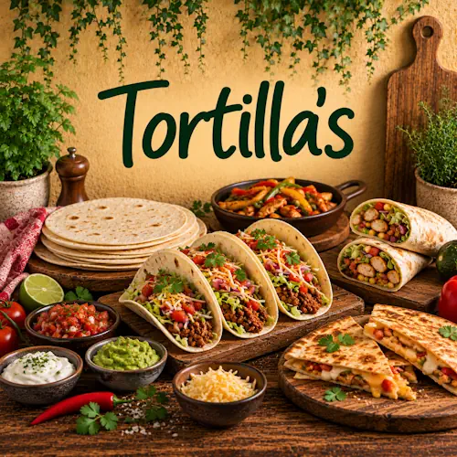 Verschillende tortilla gerechten zoals wraps, taco’s en quesadilla’s met kip, gehakt, groenten, kaas, salsa en guacamole op een rustieke houten tafel