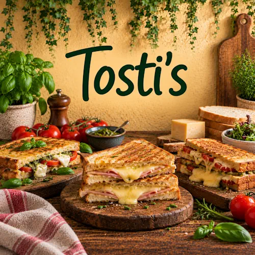 Verschillende goudbruin gebakken tosti’s met kaas, ham, tomaat, pesto en verse kruiden op een rustieke houten tafel