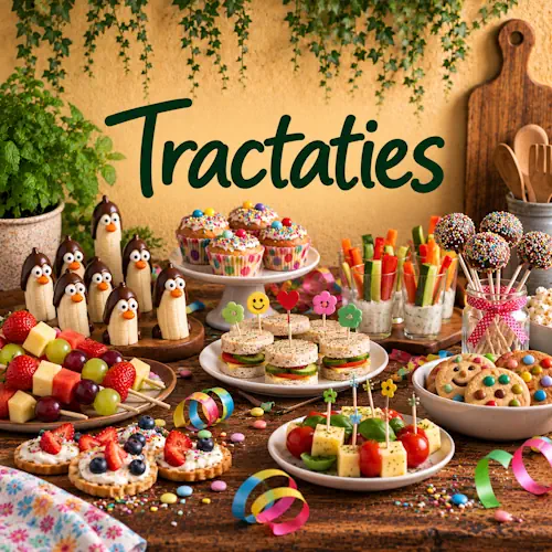 Verschillende feestelijke traktaties zoals fruitspiesjes, cupcakes, cakepops, versierde koekjes, kleine broodjes en groentehapjes op een rustieke houten tafel