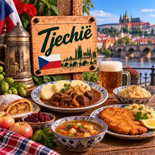 Tsjechische recepten met goulash, knedlíky, schnitzel, zuurkool, soep, apfelstrudel en traditionele gerechten op een rustieke houten tafel