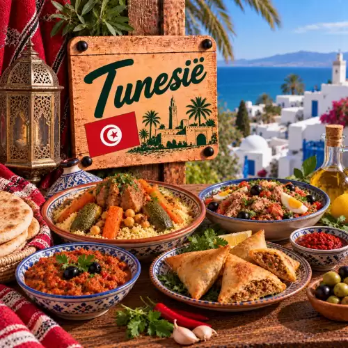 Tunesische recepten met couscous, harissa, vis, brik, salade, olijven, groenten en traditionele gerechten op een rustieke houten tafel