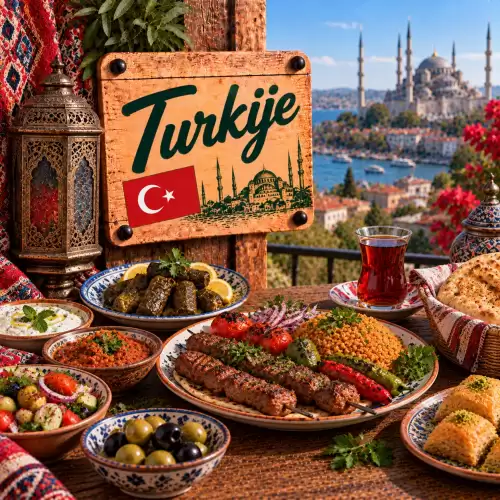 Turkse recepten met kebab, bulgur, dolma, mezze, salade, olijven, platbrood, baklava en traditionele gerechten op een rustieke houten tafel