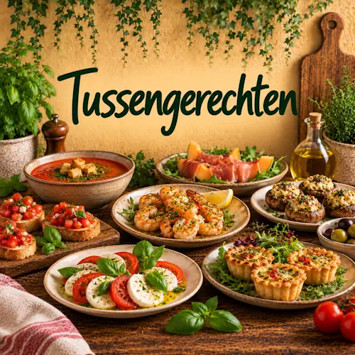 Verschillende tussengerechten zoals soep, bruschetta, garnalen, caprese, gevulde champignons, meloen met ham en kleine hartige taartjes op een rustieke houten tafel
