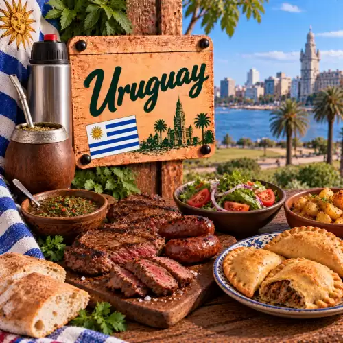 Uruguayaanse recepten met asado, chorizo, empanadas, chimichurri, salade, aardappelen, brood en mate op een rustieke houten tafel