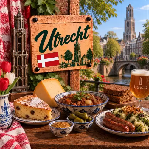 Utrechtse recepten met kaas, worst, stamppot, stoofgerechten, mosterd, augurken, brood en traditionele streekgerechten op een rustieke houten tafel