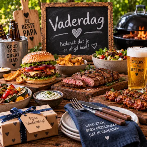 Feestelijke Vaderdagtafel met gegrild vlees, hamburger, kip, aardappelen, groenten, salade, dips en barbecuegerechten op een rustieke houten tafel