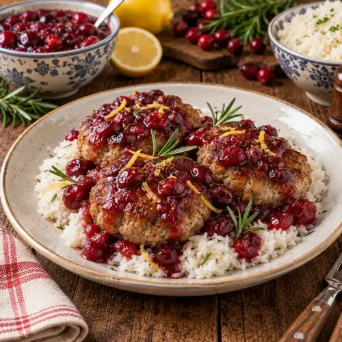 Goudbruin gebakken varkensgehaktkoekjes met warme cranberrysaus, rozemarijn en rijst
