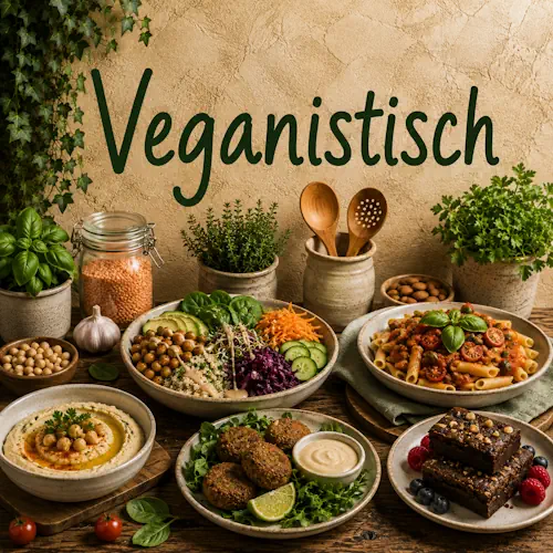 Veganistische gerechten met groenten, kikkererwten, avocado, falafel, plantaardige pasta, soep en vers fruit op een rustieke houten tafel