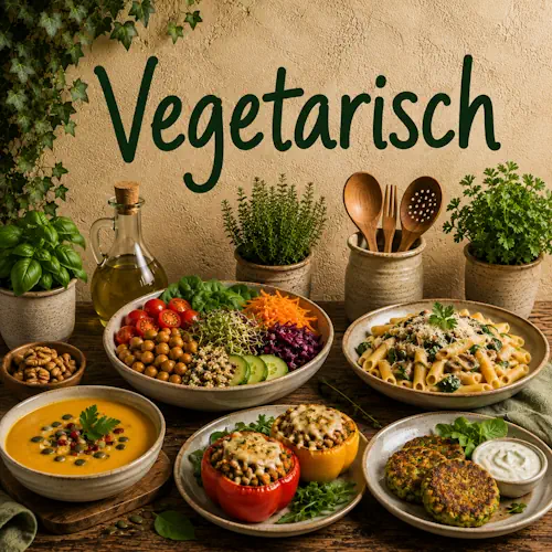 Vegetarische gerechten met groenten, peulvruchten, pasta, gevulde paprika, groentekoekjes, salade en soep op een rustieke houten tafel