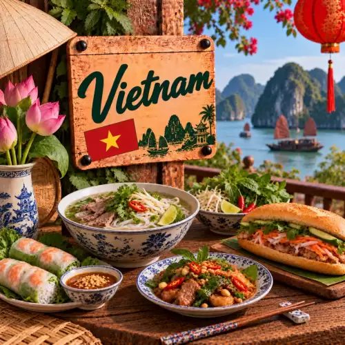 Vietnamese recepten met pho, bánh mì, verse springrolls, noedels, kruiden, limoen, chili en traditionele gerechten op een rustieke houten tafel