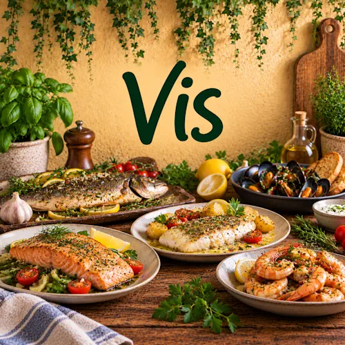 Verschillende visgerechten met zalm, witte vis, hele gebakken vis, garnalen en mosselen met groenten, citroen en verse kruiden op een rustieke houten tafel