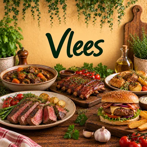 Verschillende vleesgerechten met rundvlees, kip, spareribs, stoofvlees en hamburger met aardappelen, groenten en verse kruiden op een rustieke houten tafel