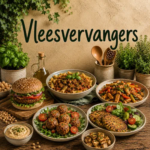 Gerechten met vleesvervangers zoals plantaardige burgers, balletjes, tofu, groentekoekjes en plantaardig gehakt op een rustieke houten tafel
