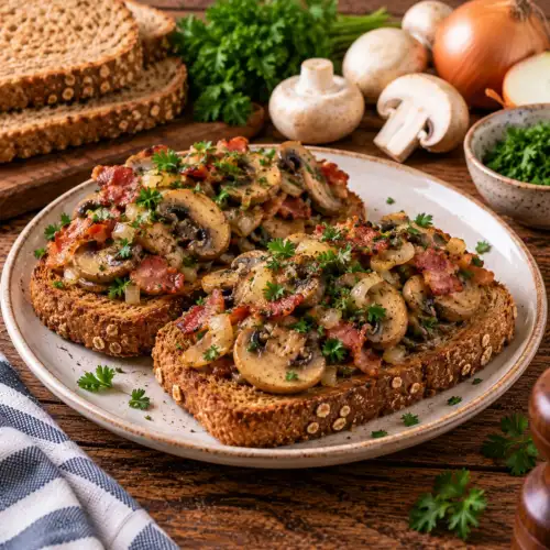 Krokante volkorentoast met gebakken champignons, bacon, ui en verse peterselie