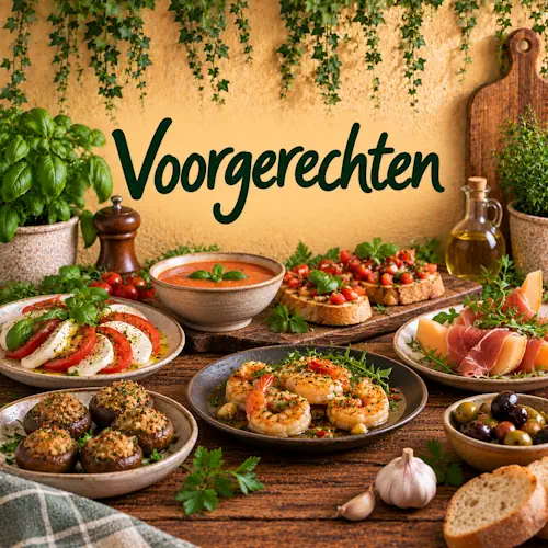 Verschillende voorgerechten zoals soep, bruschetta, garnalen, caprese, gevulde champignons en meloen met ham op een rustieke houten tafel