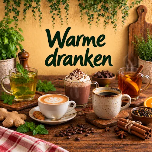 Verschillende warme dranken zoals koffie, latte, warme chocolademelk en thee met munt, citrus, gember en kaneel op een rustieke houten tafel