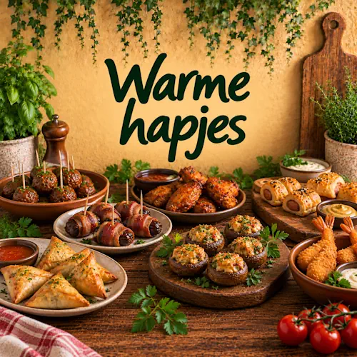 Verschillende warme hapjes zoals gehaktballetjes, kippenvleugels, bladerdeeghapjes, gevulde champignons, garnalen en hartige hapjes met verschillende dips op een rustieke houten tafel