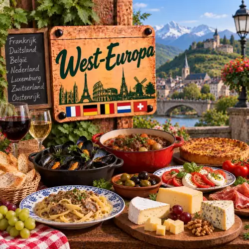West-Europese recepten met mosselen, stoofgerechten, pasta, quiche, kaas, vleeswaren, brood, groenten en traditionele gerechten op een rustieke houten tafel