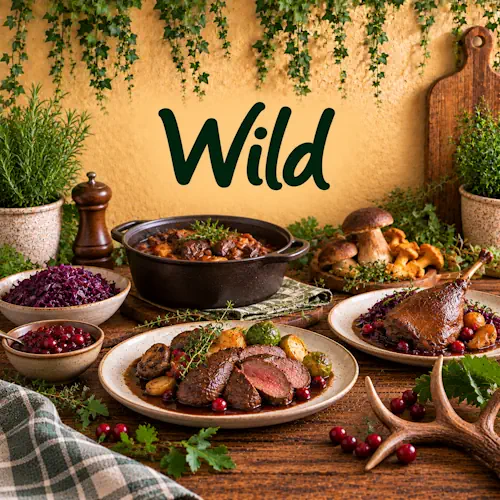 Verschillende wildgerechten met hert, wildstoofpot, gevogelte, paddenstoelen, rode kool, wintergroenten, kruiden en rode bessen op een rustieke houten tafel